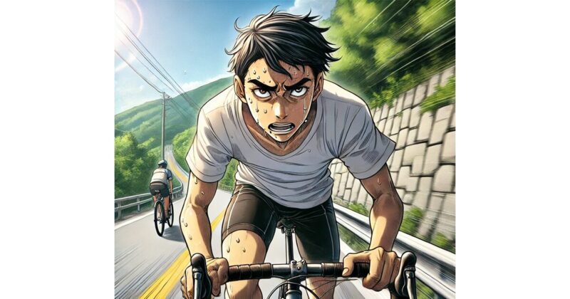 汗を流しながら自転車で坂を登っている男性のイメージ画像