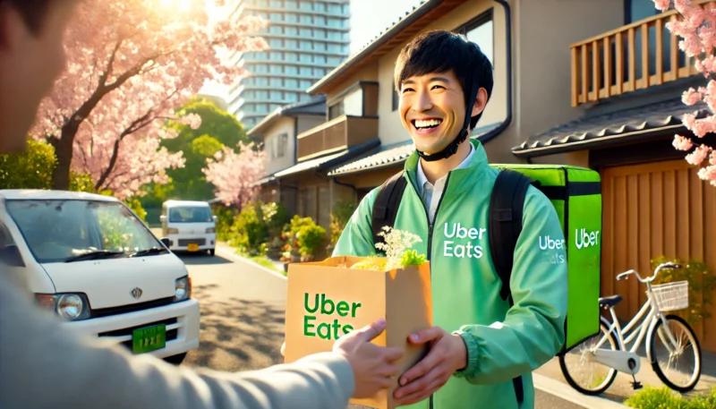 笑顔でお客さんに商品を渡しているUberの配達員の男性イメージ画像