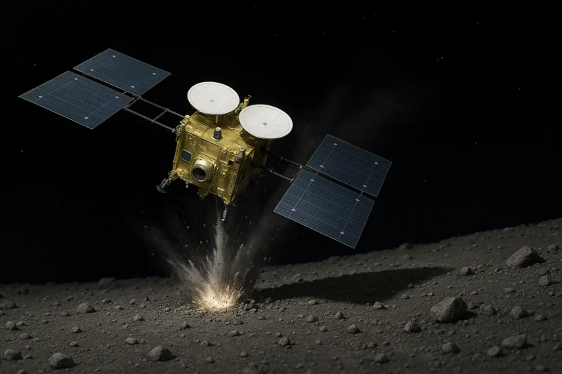 小惑星探査機はやぶさ2が小惑星リュウグウの表面に弾丸(プロジェクタイル)を撃ち込みその衝撃で舞い上がった砂や岩の破片をサンプルとして採取した瞬間をイメージしたAI生成画像(創作画像)