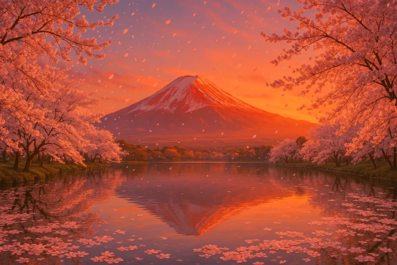 満開の桜と桜吹雪に囲まれ夕焼けに染まった富士山と花筏の湖面に映る逆さ富士のAI生成画像(創作画像)