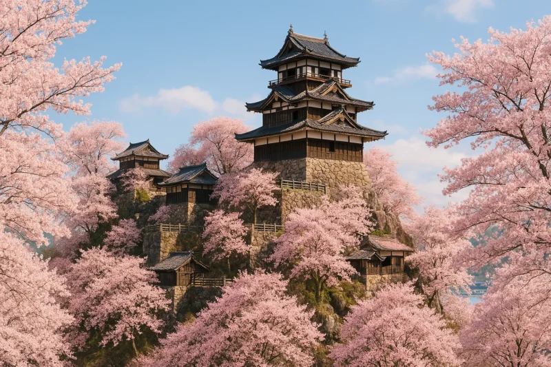 満開の桜に囲まれている天空の城(岐阜県中津川市にある苗木城址の天守閣等の城郭を再現)のAI生成画像(創作画像)