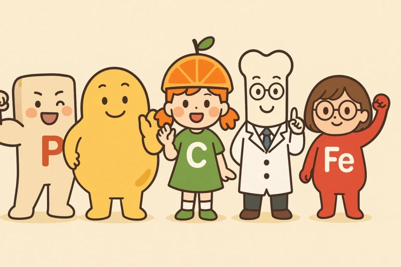 私から丸投げされたシエルさんがアニメ風のポップで親しみやすい雰囲気で描いた「栄養素のゆるキャラチーム」