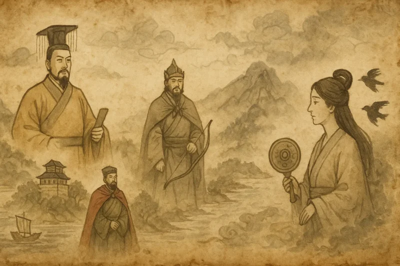 魏志倭人伝を連想させる三国時代の三国皇帝と卑弥呼のAI生成画像（創作画像）