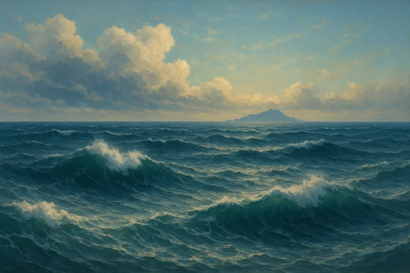 詩洸一行のはるかなる大海原の向こうに浮かぶ投馬国のAI生成画像(創作画像)