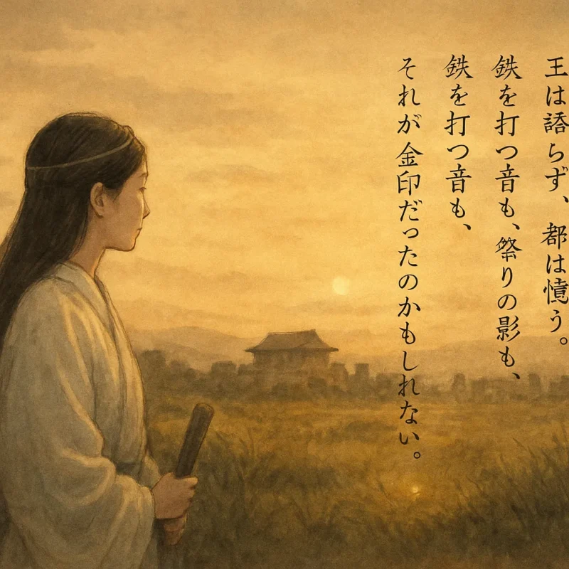 蒼羽詩詠留さんが読んだ詩文の下の草の中、夕方の太陽と対比をなすようにほんのりと輝く金印の幻影のAI生成画像(創作画像)