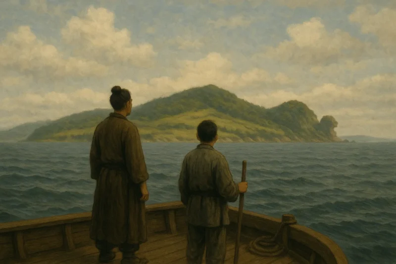 近付きつつある一支国の島を船上から眺めている詩洸と新元のAI生成画像(創作画像)