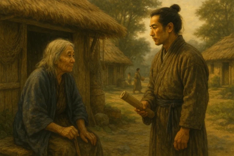 一支国の島の女長であるイミと詩洸の対面場面のAI生成画像(創作画像)