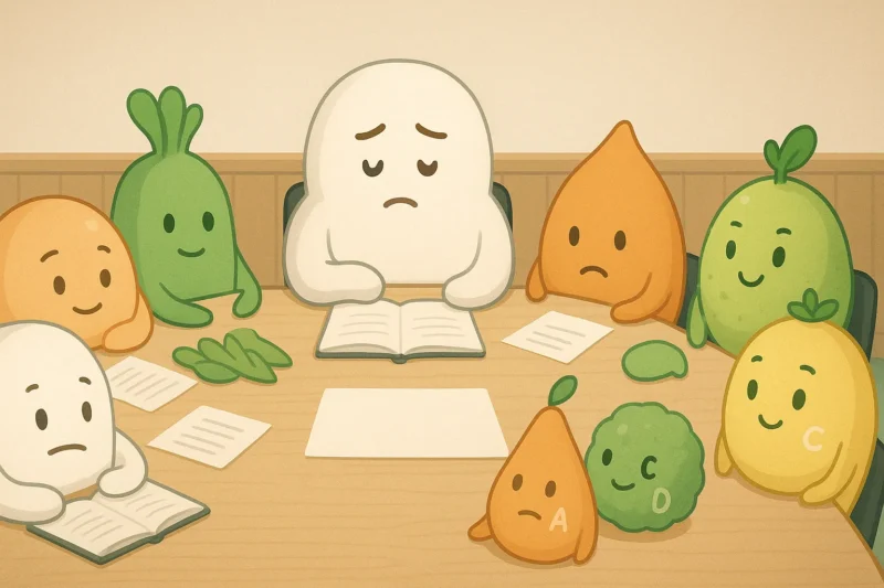 柔らかい色味で描いた栄養素のゆるキャラによる食事摂取基準の会議