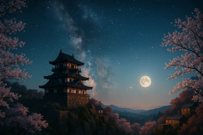 満開の夜桜に囲まれた天空の城(岐阜県中津川市にある苗木城址の天守閣等の城郭を再現)と天の川と満月のAI生成画像(創作画像)