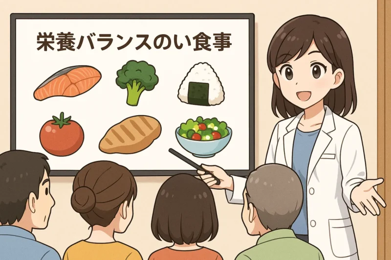 「日本人の食事摂取基準」に基づく栄養バランスの良い食事について説明している管理栄養士さんのアニメ風のAI生成画像（創作画像）