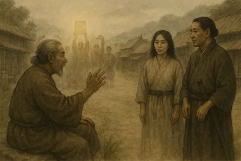 奴国の市場の端に腰掛けながら印綬を授かった王とそれを祝った民について語る老人のAI生成画像(創作画像) • 手前に腰掛ける老人(背中または横顔) • 彼の視線の先に、金印を掲げて喜ぶ民衆の幻影 • 右奥に詩洸が立っている(静かに聞いている構図)