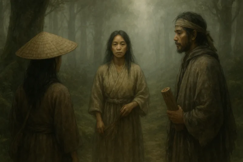 森の奥、霧に包まれながら詩洸に対する“神に問う女”イヨのAI生成画像（創作画像）