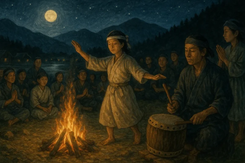 火を囲み、太鼓を鳴らし、古来より伝わる歌を唱和して神々を祀る不彌国の祭礼のAI生成画像(創作画像)