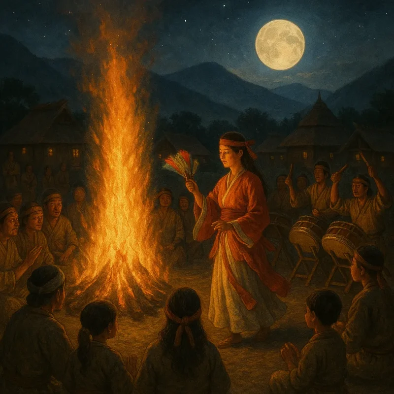 不彌国の素朴な神事が奈良時代後半から平安中期の頃に開花した華やかな祭礼のAI生成画像(創作画像)