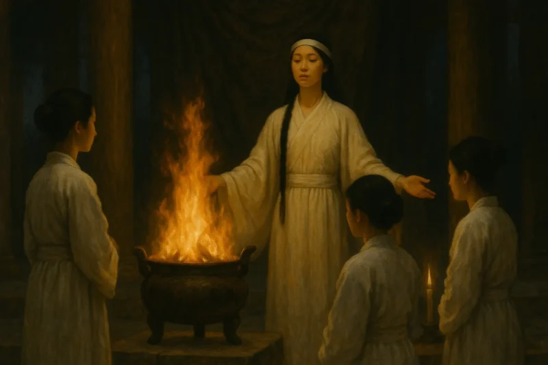 川沿いの村で巫女たちが女王の神意を迎えるため霧の中で火を焚く「神火」のAI生成画像(創作画像)