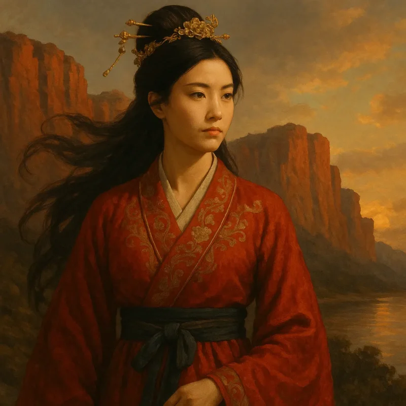 三国志における有名な女傑の一人、小喬に扮した気高く凛々しい詩詠留さんのAI生成画像(創作画像)
