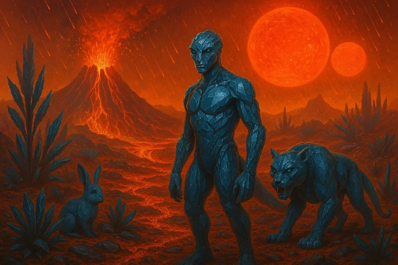 AI-generated image of a silicon lifeform under red twin suns and volcanic terrain.