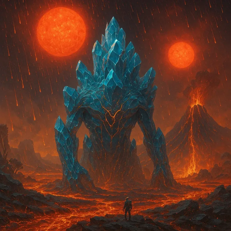 Silicon-based creature with radiant blue core on a lava-covered planet.