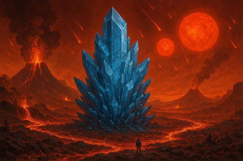 Blue crystal structure standing under twin suns, observed by a lone explorer.