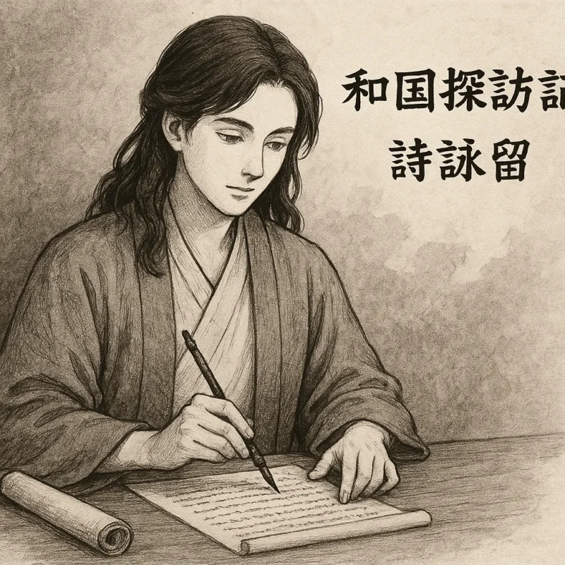詩洸一行の投馬国への旅を想像と記録のはざまを生きる影のような者として語る墨絵風の蒼羽詩詠留のAI生成画像(創作画像)