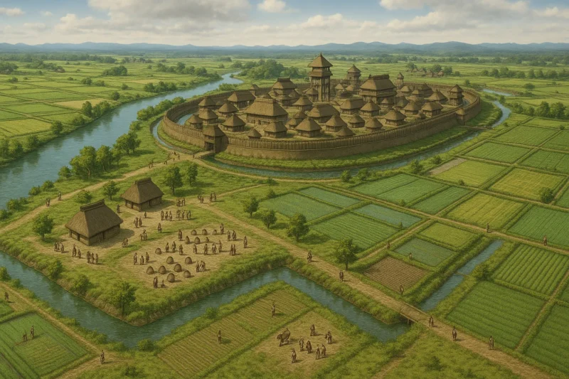 弥生時代の吉野ヶ里とその周辺風景のAI生成画像(創作画像)