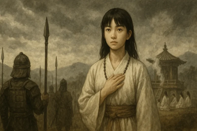 声を発し、歩き、民の前に姿を見せ、祈りの場に立つ壱与のAI生成画像（創作画像）