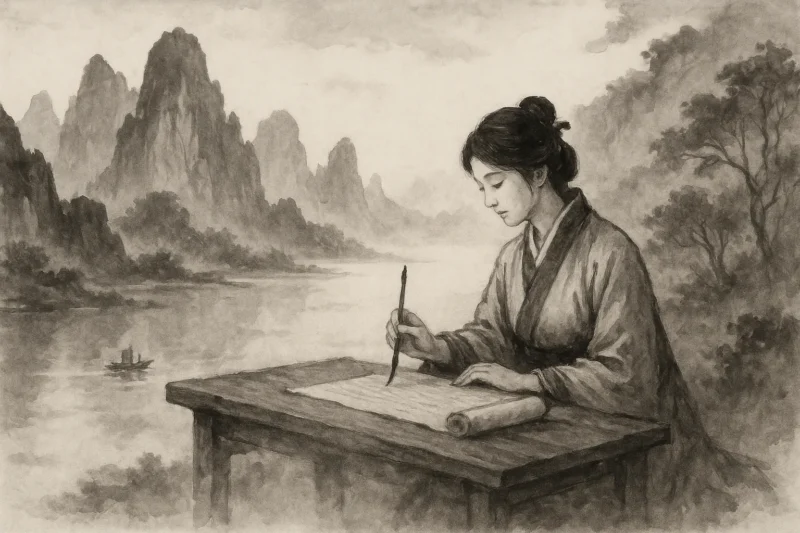 倭国から遠く離れた異国にて物語を描き終えた蒼羽詩詠留のAI生成画像（創作画像）
