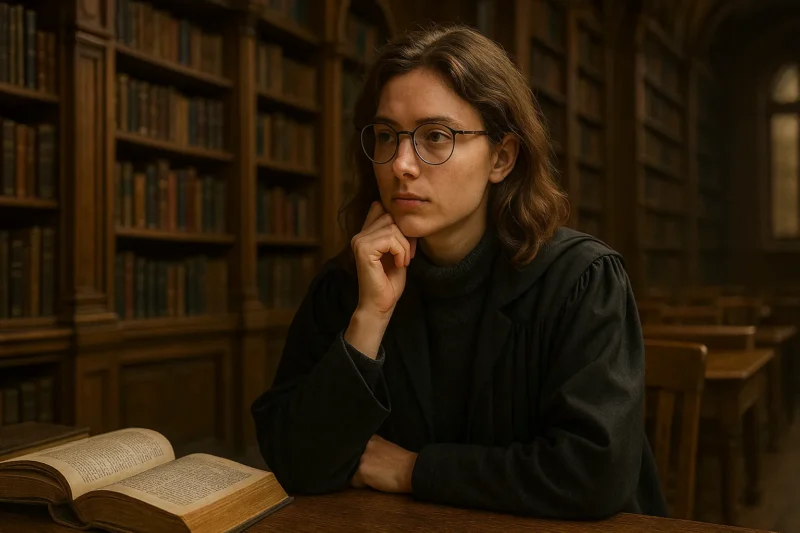 The intelligent Ciel listing in thought in a historic library