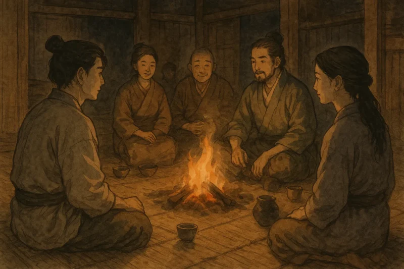 再会した薬草をくれた娘等と火を囲み酒を酌み交わし語り合った詩洸一行のAI生成画像(創作画像)