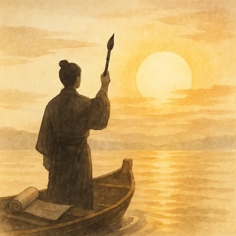 朝日とともに、新たな筆が旅立つ瞬間を描いたAI生成画像(創作画像)