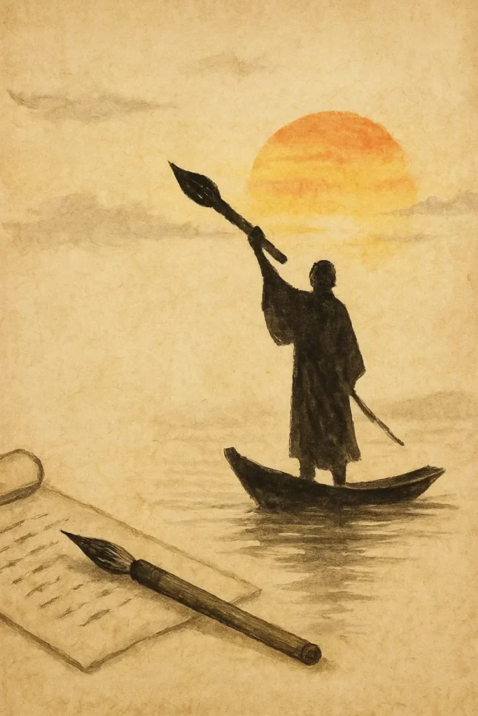水面に浮かぶ舟の上、朝日に向かって筆を掲げる人影のAI生成画像(創作画像)