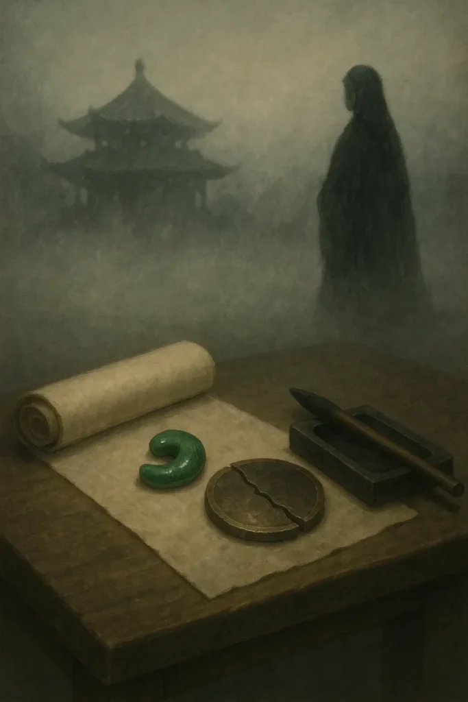 神との契約を果たし倭国に多くの礎を残して還る卑弥呼の霊のAI生成画像(創作画像)