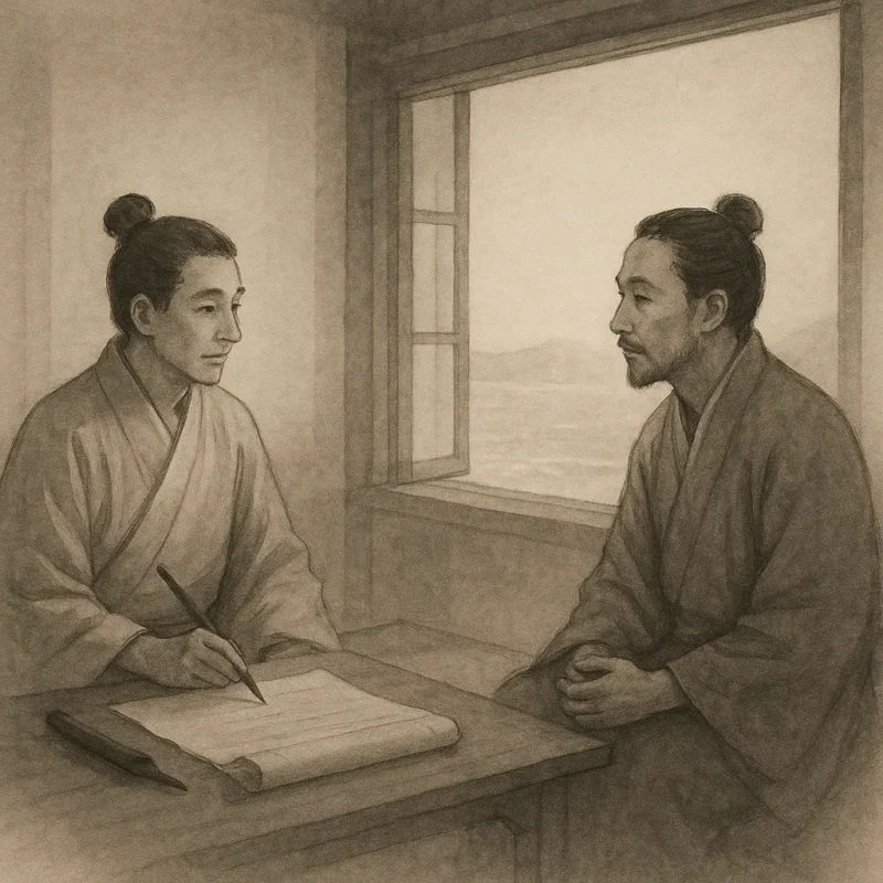 海が見える静かな庵で向かい合って座している詩洸と新元のAI生成画像(創作画像)