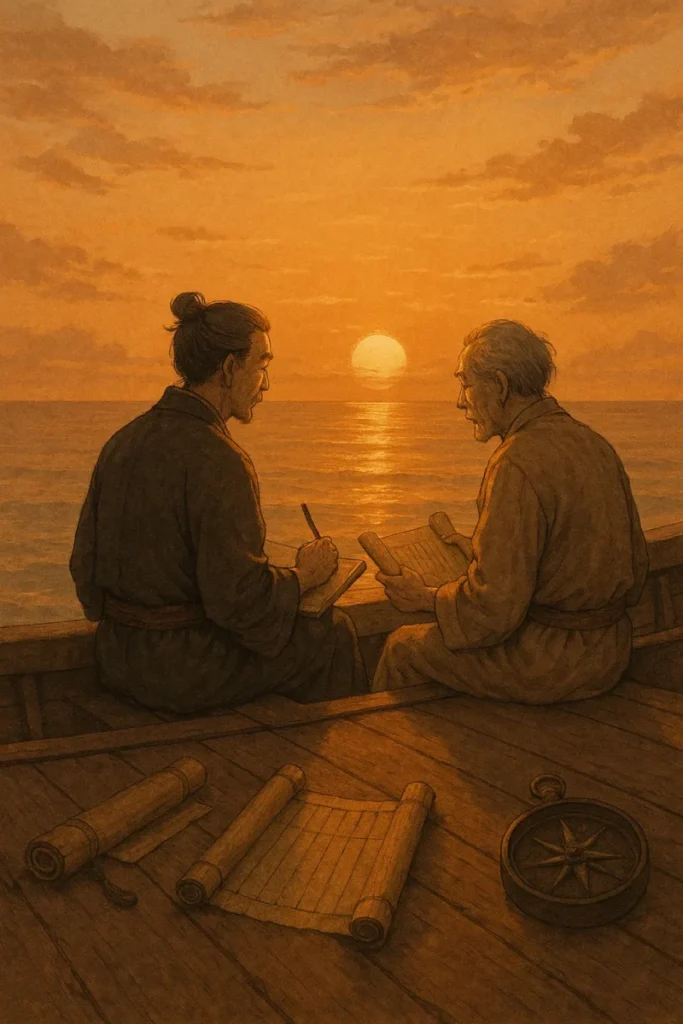 船のへりに腰かけ海風を頬に受けながら旅を越え時代を越えようとしている詩洸と新元のAI生成画像（創作画像）