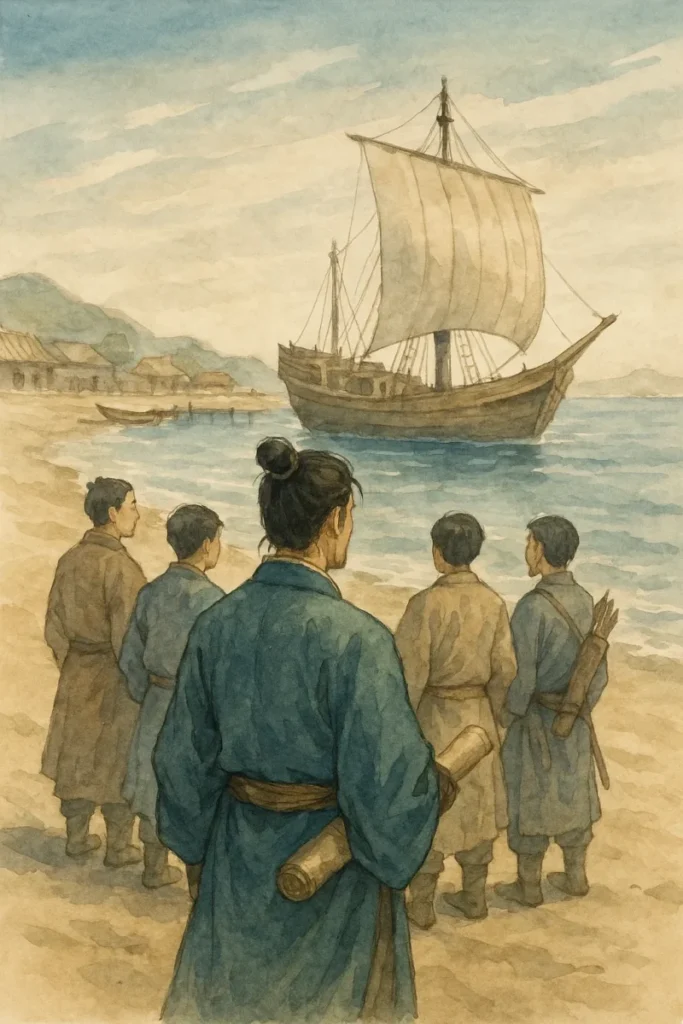 狗邪韓国へ戻る船を待つ間、海を眺めて過ごした詩洸一行のAI生成画像(創作画像)