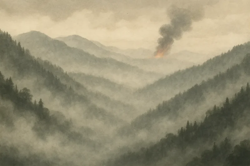 深い山と濃い霧で隔てられた遠方に感じる狗奴国との戦の気配のAI生成画像（創作画像）