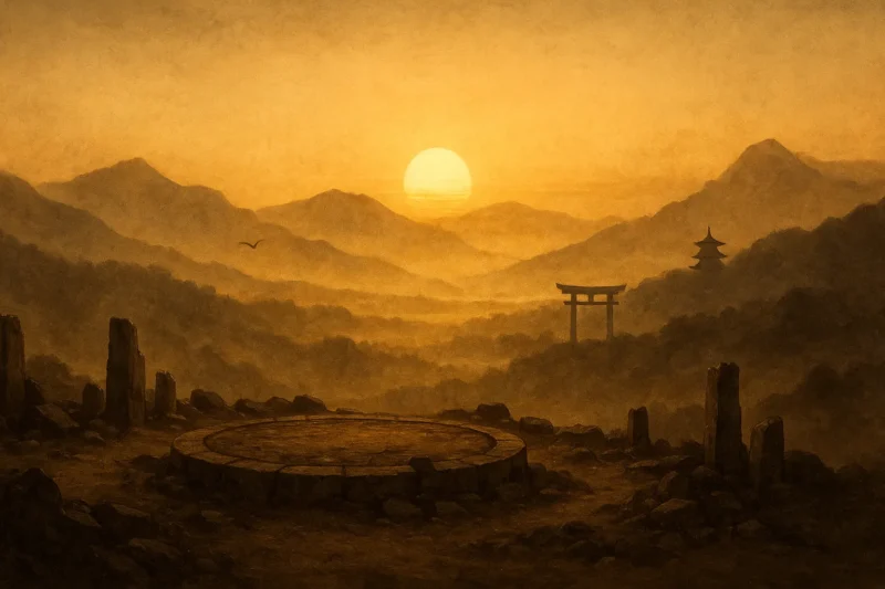 “倭”から“日本”へ──語られざる余白を抱き、舟は静かに朝を渡るAI生成画像（創作画像）
