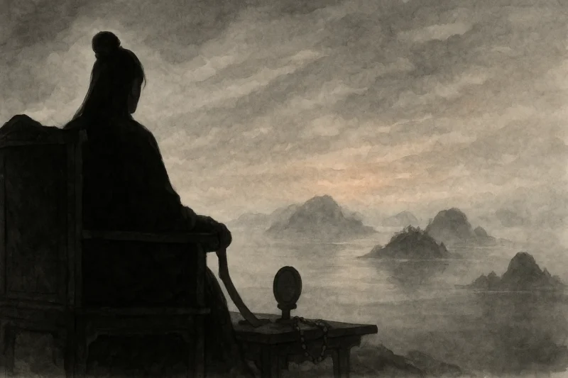 玉座に座る卑弥呼の背後に、霧の海に浮かぶ幻の国々が広がるAI生成画像（創作画像）