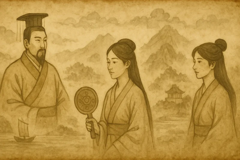 壱与・卑弥呼・魏皇帝（曹叡）の肖像を描いた墨絵風の横長イラストのAI生成画像（創作画像）