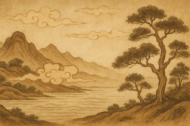 校異と異本の間をゆく伝統的な水墨画風の山水風景のAI生成画像（創作画像）