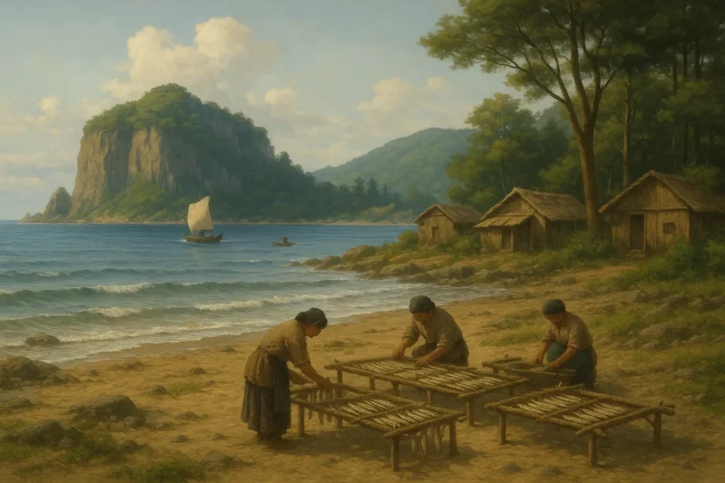 山と海に囲まれた末盧国の暮らしと漁撈風景のAI生成画像（創作画像）