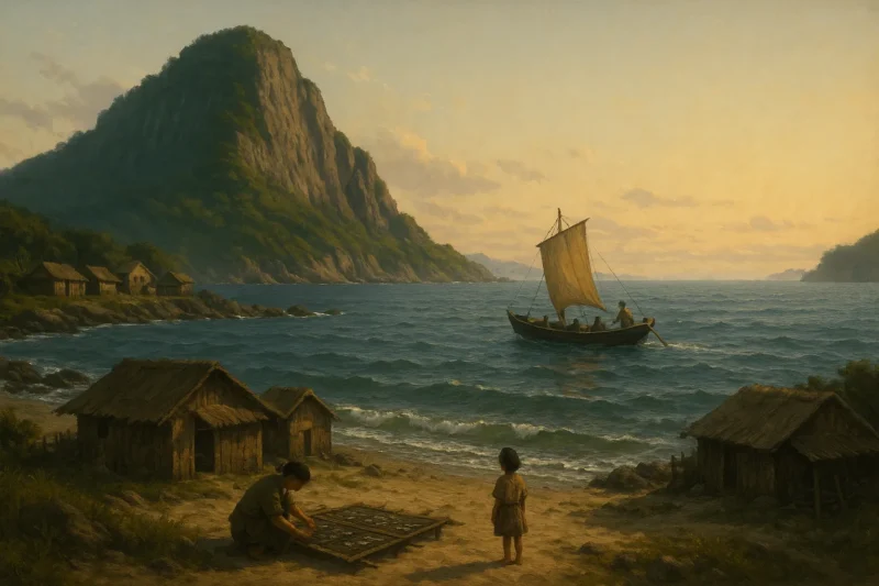 海辺の村で海産物を干す人々と交易船の風景のAI生成画像（創作画像）