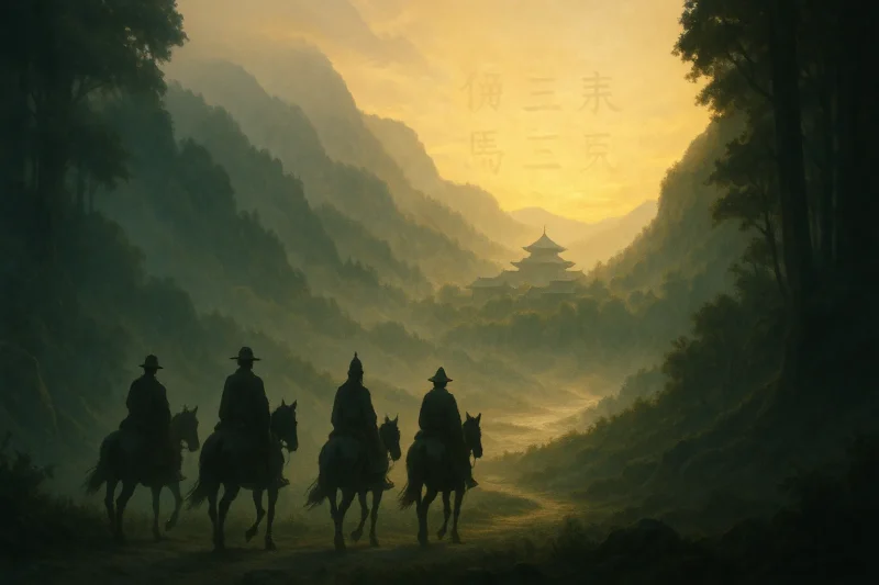 霧の中の山道を邪馬台国に向かって進む使節団と遠景の都のAI生成画像（創作画像）