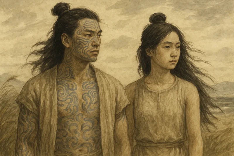 黥面と紒髮の風俗をまとう倭人たちの横長イメーのAI生成画像（創作画像）