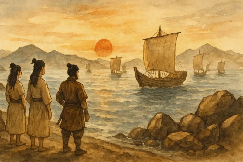 夕陽の海を航行する帆船と、それを見送る倭人たちAI生成画像（創作画像）