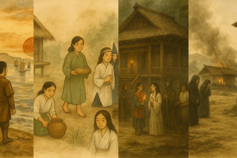 倭の古代集落と宮殿を背景に、航路と史料が重なる東アジア風水彩画のAI生成画像（創作画像）