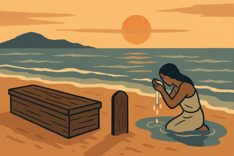 海辺の砂浜で、木棺と墓標を前に水で身を清める女性。夕日が水平線に沈み、静かな波が寄せるAI生成画像（創作画像）