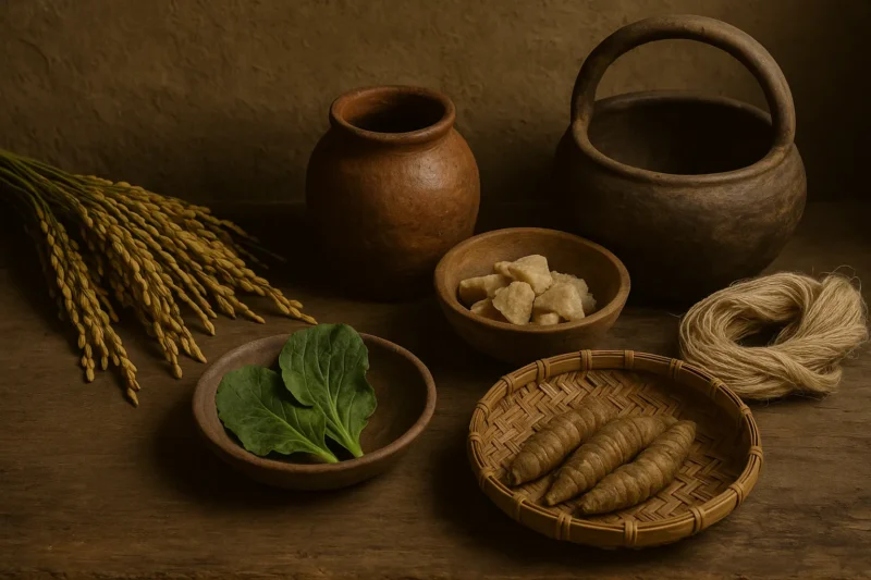 稲穂、青菜、麻糸、土器や木皿など古代倭人の生活を象徴する道具が並ぶ静物構図のAI生成画像（創作画像）