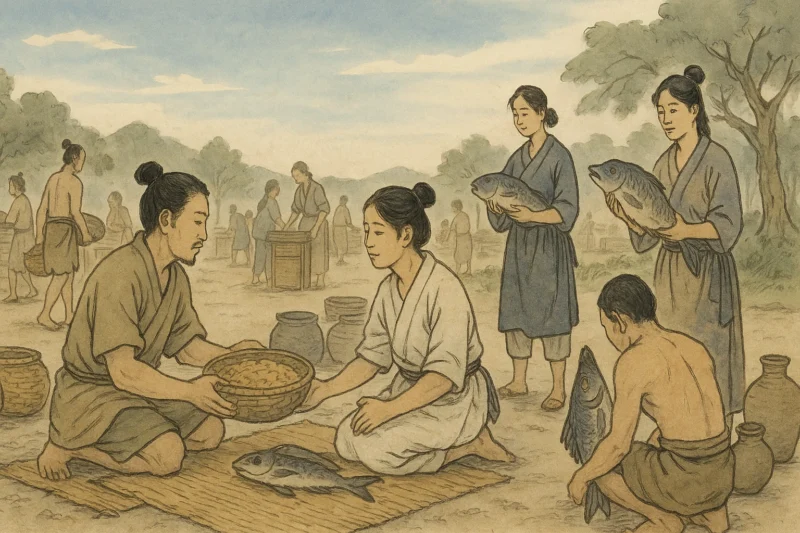 青空の下、筵を敷いた簡素な市で物々交換をする倭人たちのAI生成画像（創作画像）