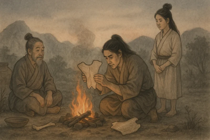 焚き火の前で骨を焼き、割れ目を占う倭人の占卜の情景のAI生成画像（創作画像）
